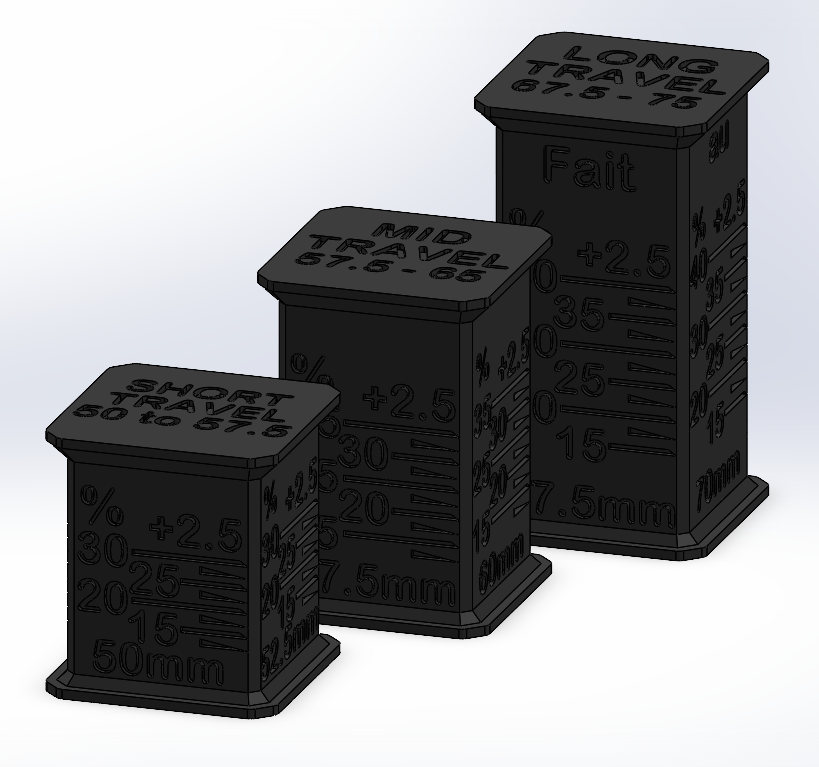 Set of black measurement blocks with engraved travel measurements on a white background