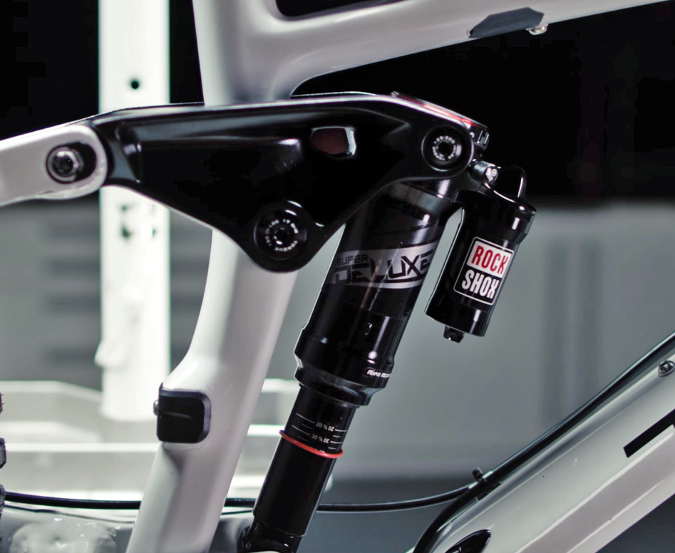 Close-up of a bicycle suspension fork with Rock Shox branding.