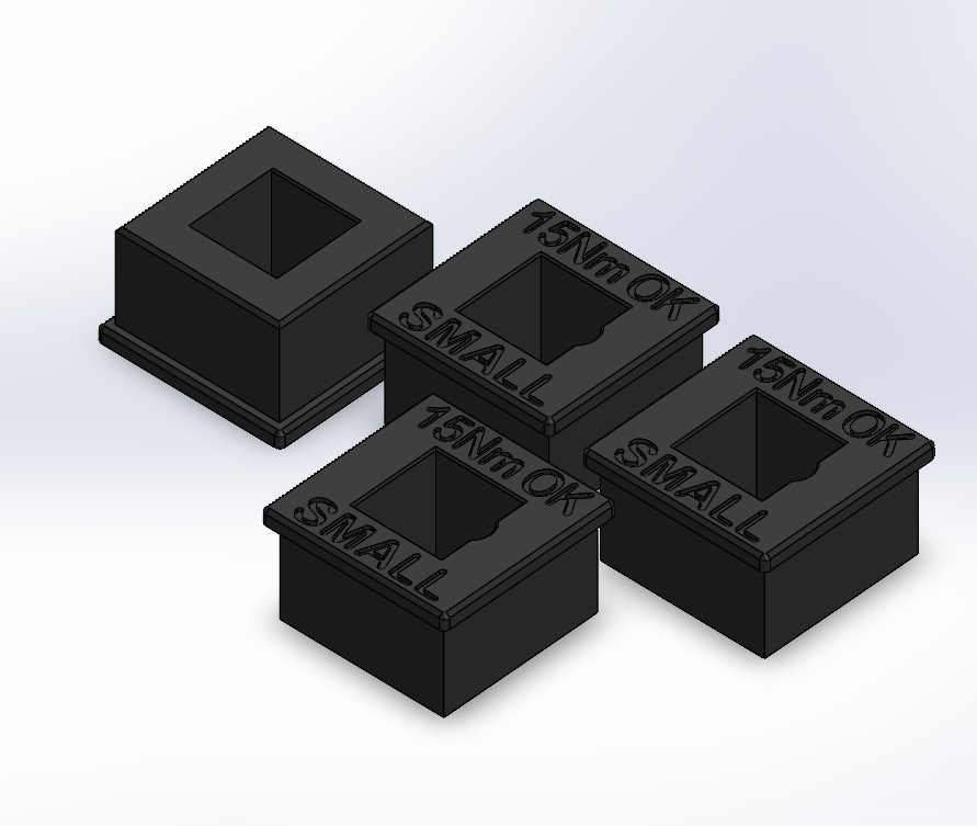 Four black square blocks with 'SMALL' text on a light gray background