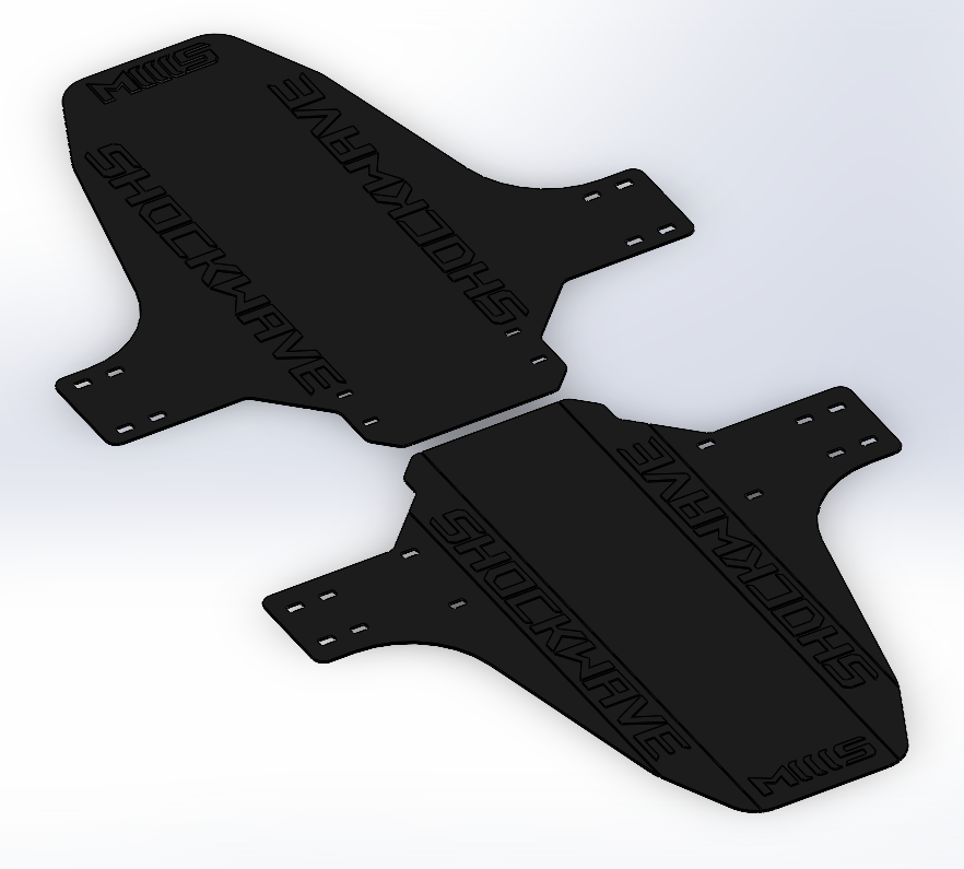 Two black mud flaps with 'SHOCKWAVES' branding on a white background