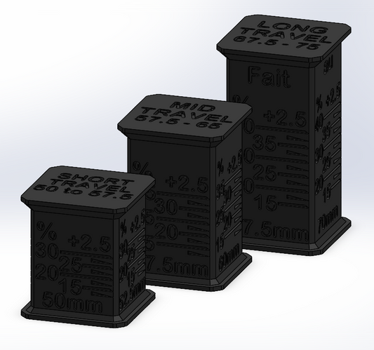 Set of black measurement blocks with engraved travel measurements on a white background