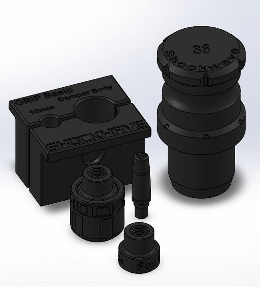 Black Shockwave damper body components on a white background 3D printed DIY tool kit mtb.