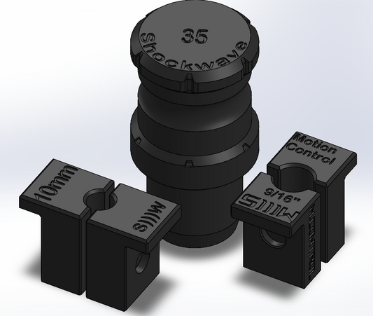 Black mechanical components with labeled sizes on a white background