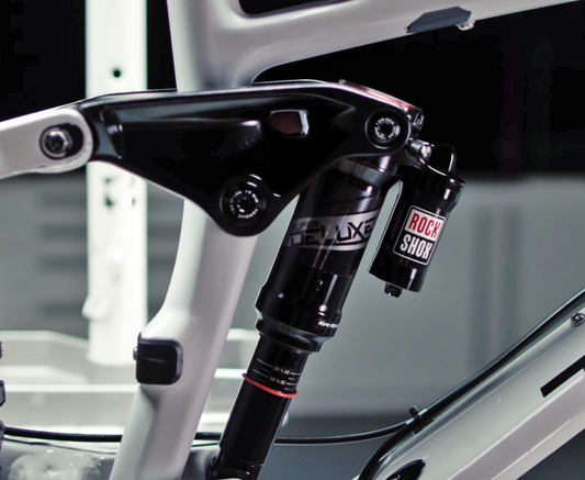 Close-up of a bicycle suspension fork with Rock Shox branding.