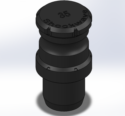 Stack of black cylindrical components with '35 Shockwave' branding on a light gray background